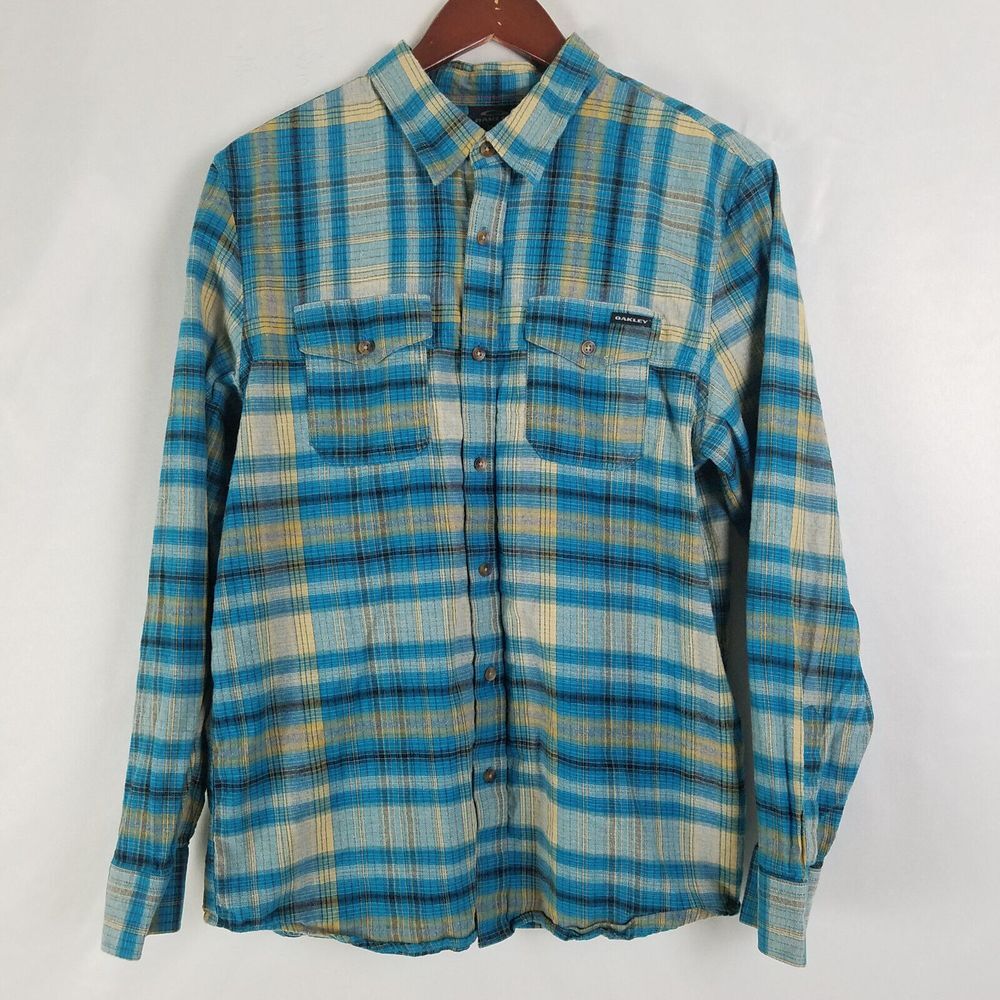 Oakley Mens Shirt Medium Blue Plaid Long Sleeve Collar Button Down Pockets
